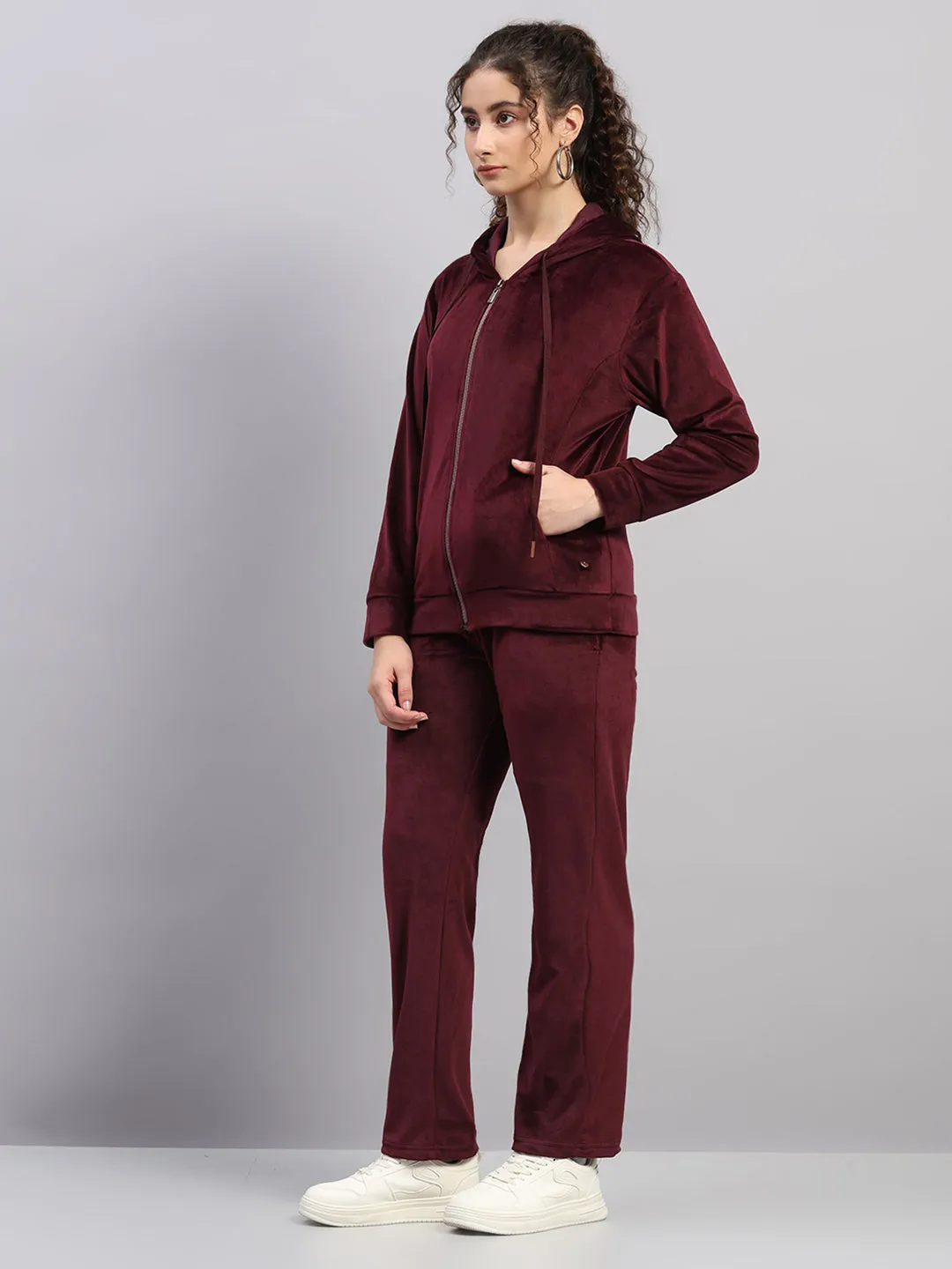 Women Burgundy Solid Hooded Full Sleeve Winter Tracksuit sold by Monte Carlo product image thumbnail 3