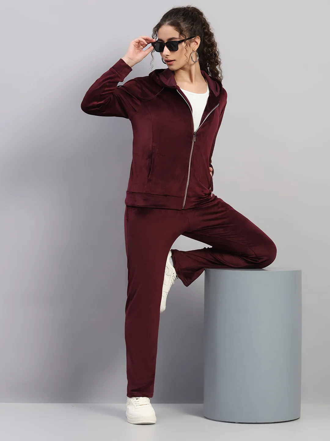 Women Burgundy Solid Hooded Full Sleeve Winter Tracksuit sold by Monte Carlo product image thumbnail 2