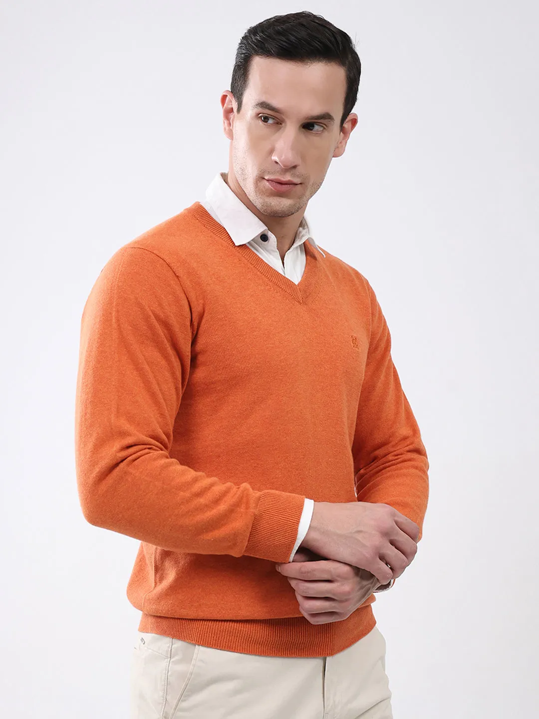 Men Orange Solid V Neck Full Sleeve Pullover sold by Monte Carlo product image thumbnail 4