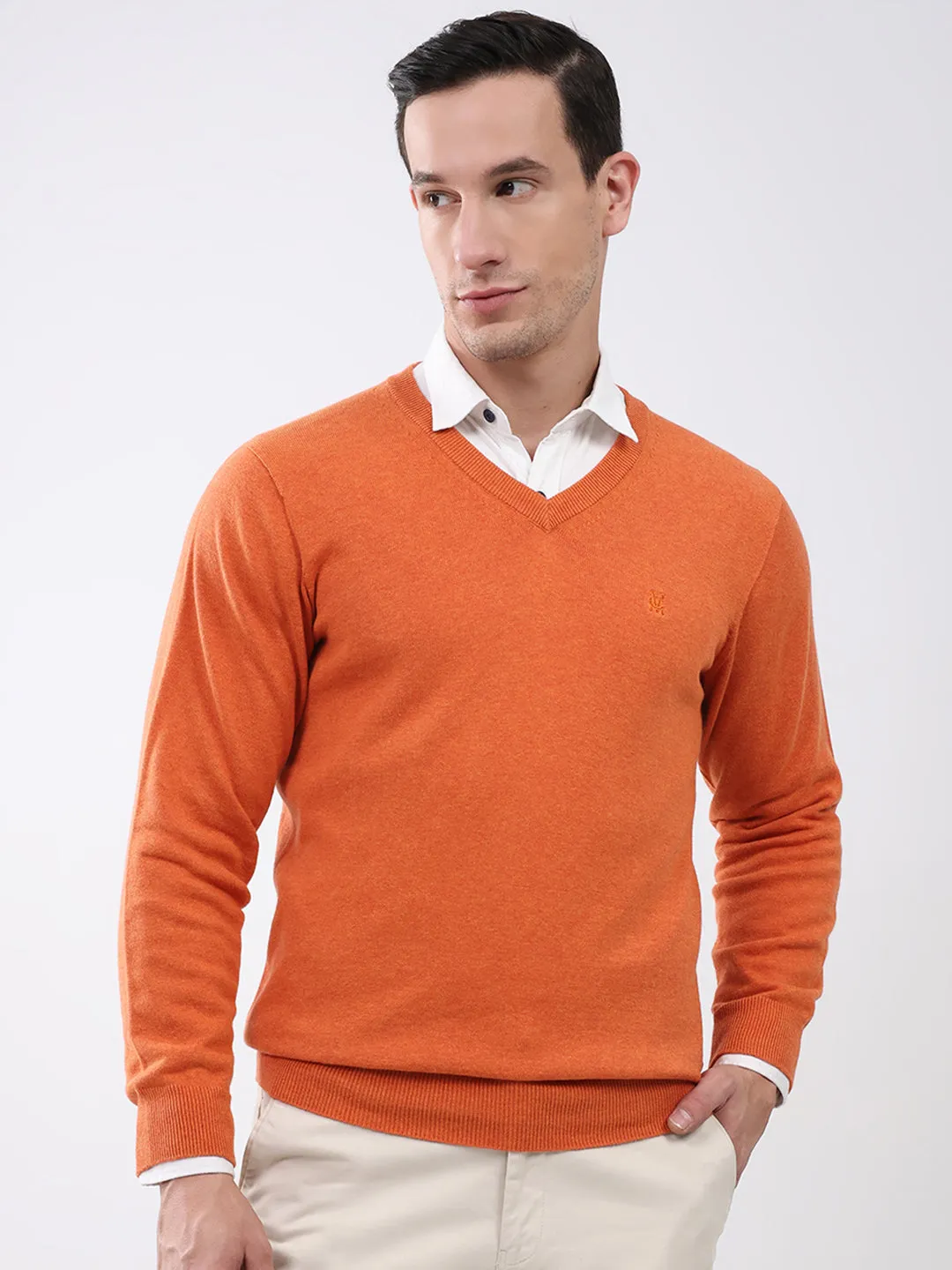 Men Orange Solid V Neck Full Sleeve Pullover sold by Monte Carlo