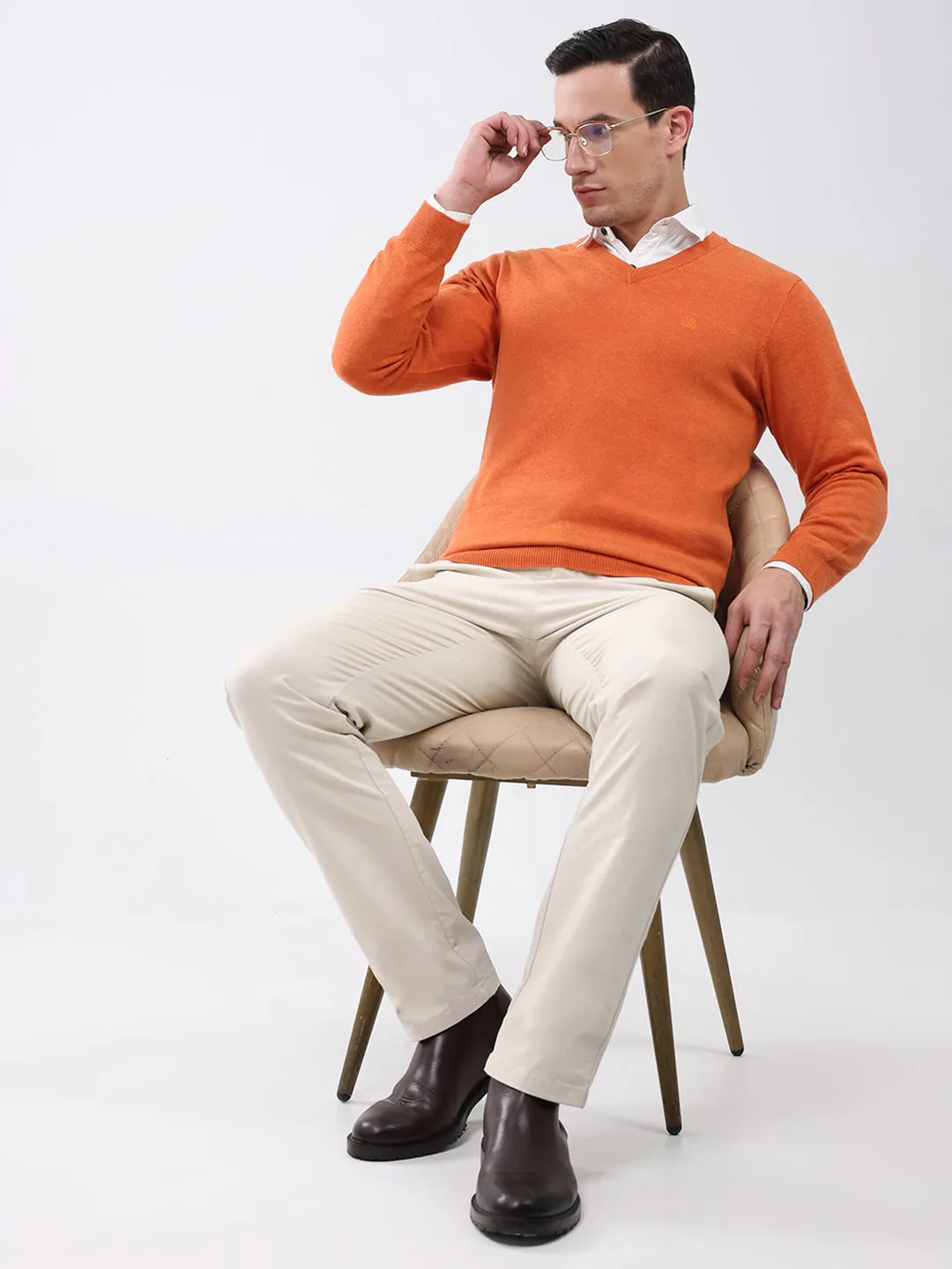 Men Orange Solid V Neck Full Sleeve Pullover sold by Monte Carlo product image thumbnail 2