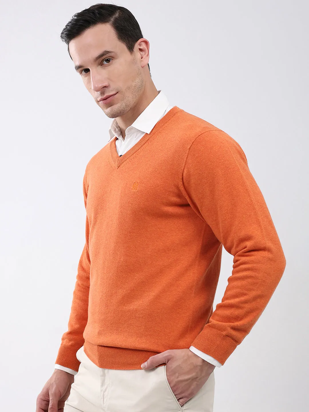 Men Orange Solid V Neck Full Sleeve Pullover sold by Monte Carlo product image thumbnail 3