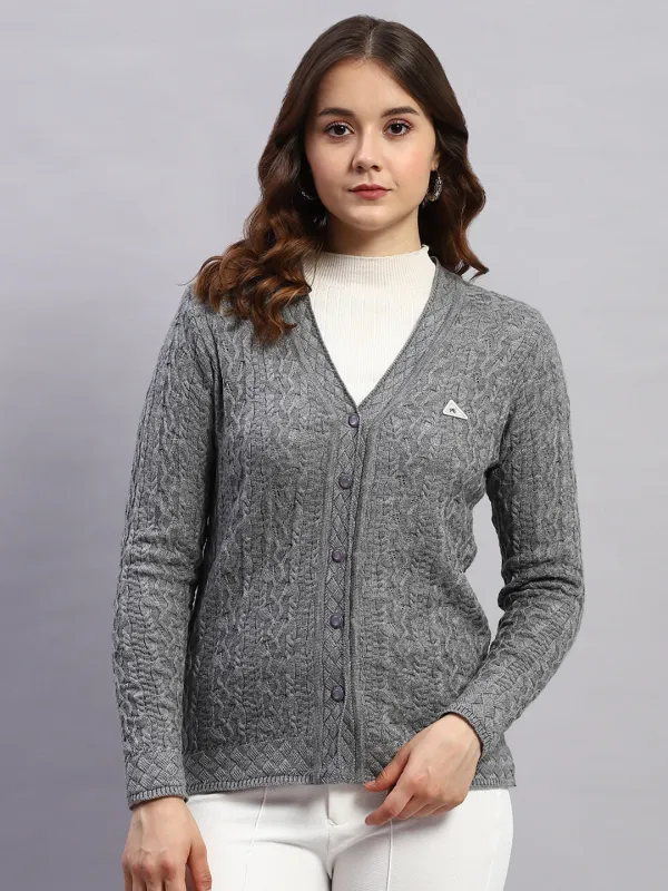 Women Grey Self Design V Neck Full Sleeve Cardigan sold by Monte Carlo