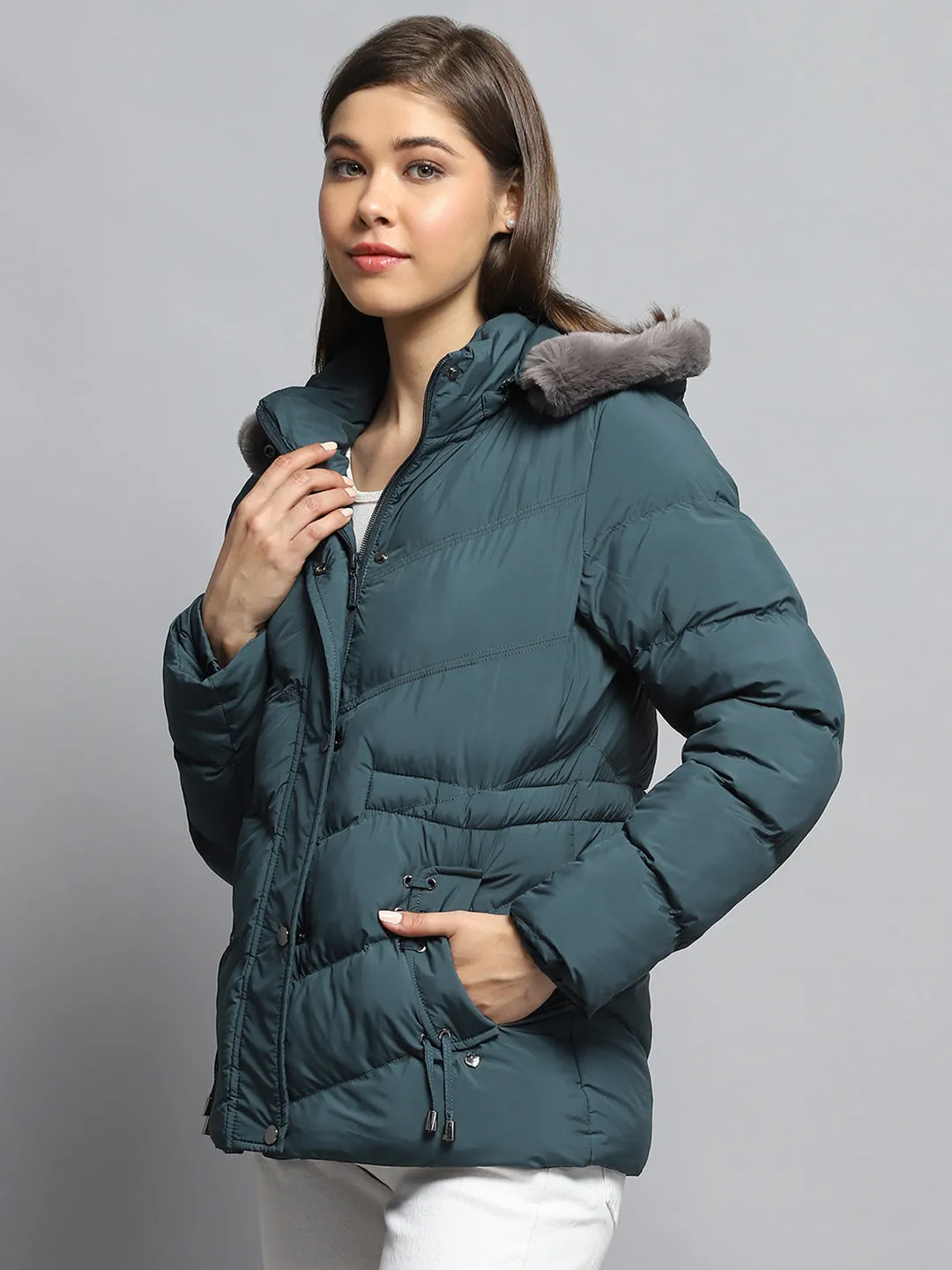 Women Green Solid Detachable Hood Full Sleeve Jacket sold by Monte Carlo product image thumbnail 3