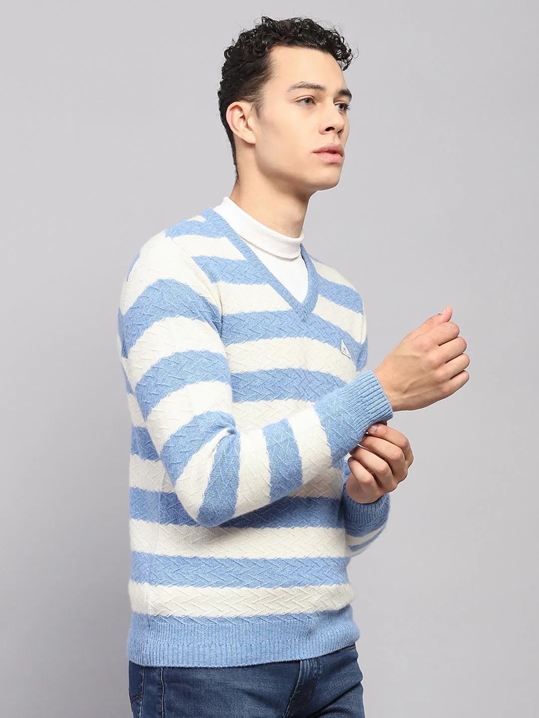 Men Blue Stripe V Neck Full Sleeve Pullover sold by Monte Carlo product image thumbnail 4
