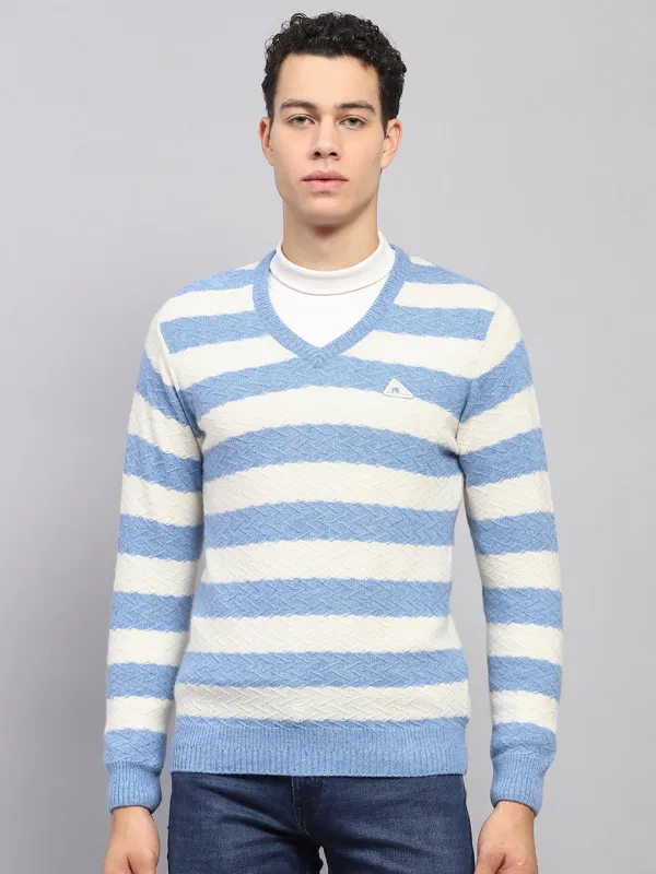 Men Blue Stripe V Neck Full Sleeve Pullover sold by Monte Carlo