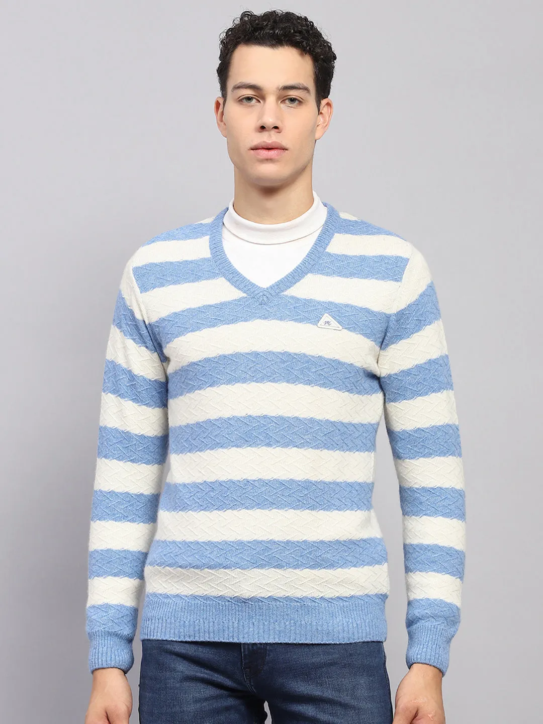Men Blue Stripe V Neck Full Sleeve Pullover sold by Monte Carlo