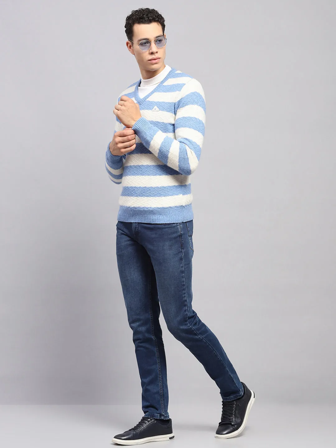 Men Blue Stripe V Neck Full Sleeve Pullover sold by Monte Carlo product image thumbnail 2