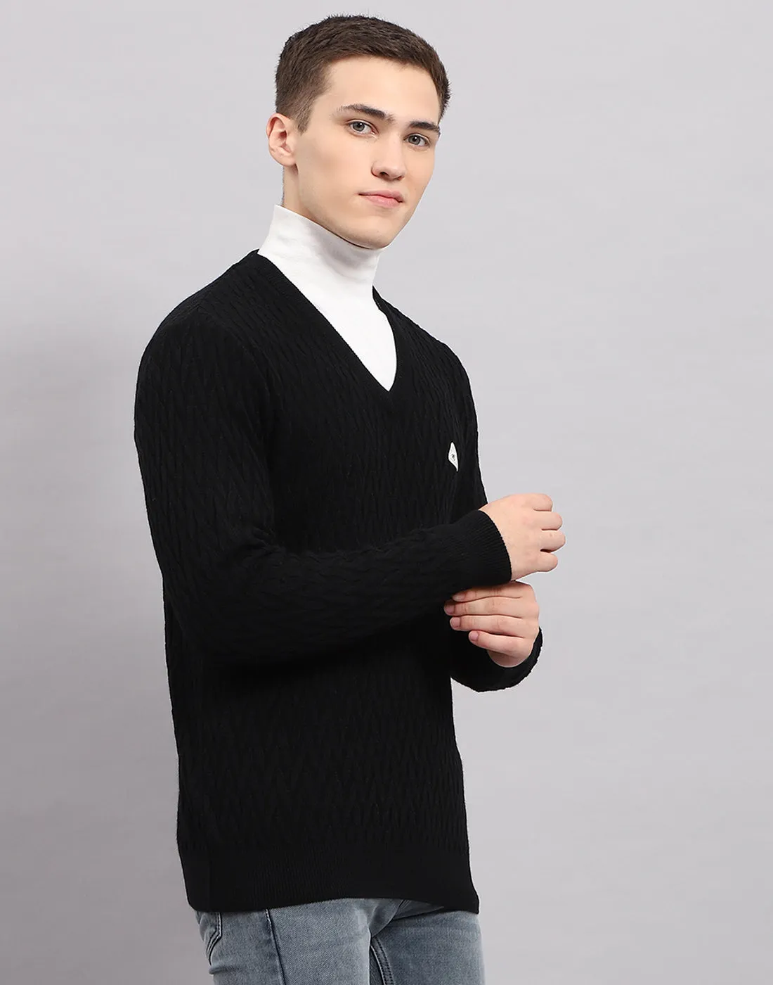 Men Black Self Design V Neck Full Sleeve Pullover sold by Monte Carlo product image thumbnail 4