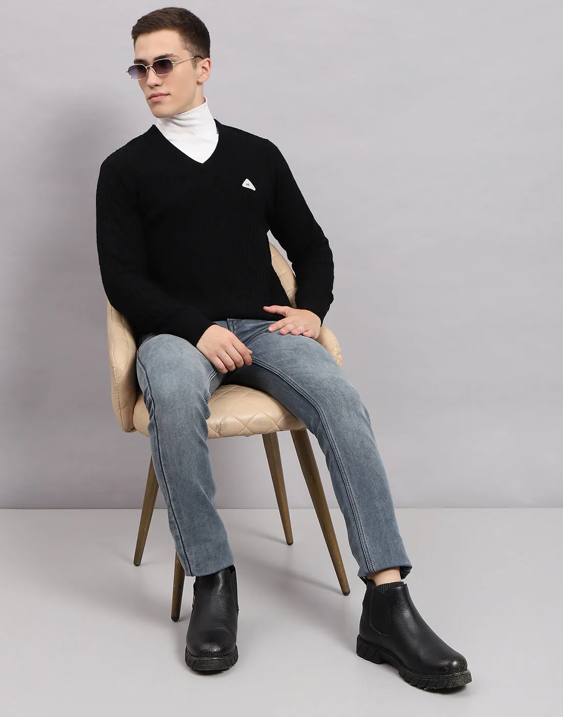 Men Black Self Design V Neck Full Sleeve Pullover sold by Monte Carlo