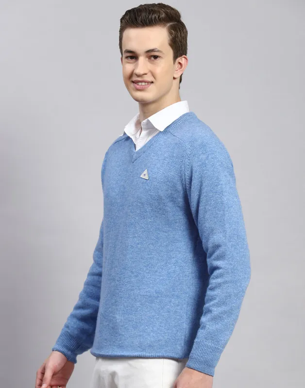 Men Blue Solid V Neck Full Sleeve Pullover made by Monte Carlo