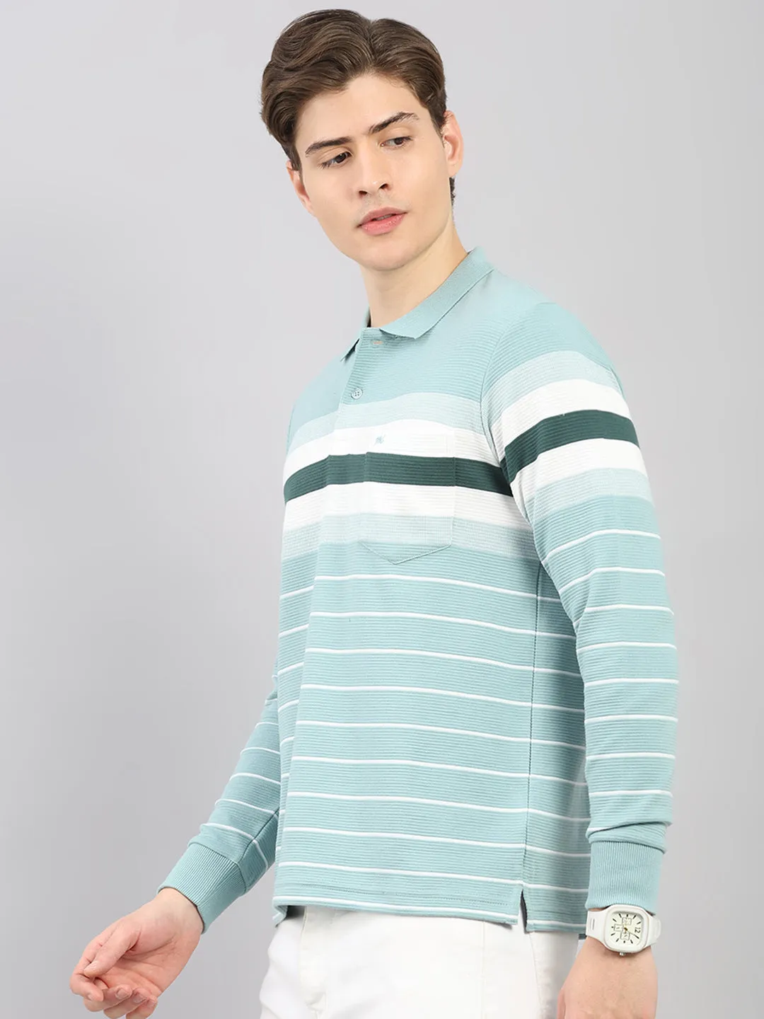 Men Green Stripe Polo Collar Full Sleeve Winter T-Shirt sold by Monte Carlo product image thumbnail 3
