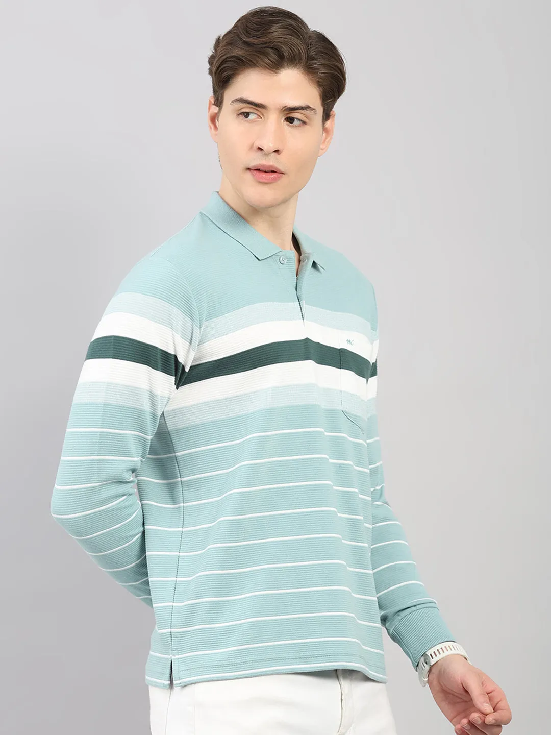 Men Green Stripe Polo Collar Full Sleeve Winter T-Shirt sold by Monte Carlo product image thumbnail 4