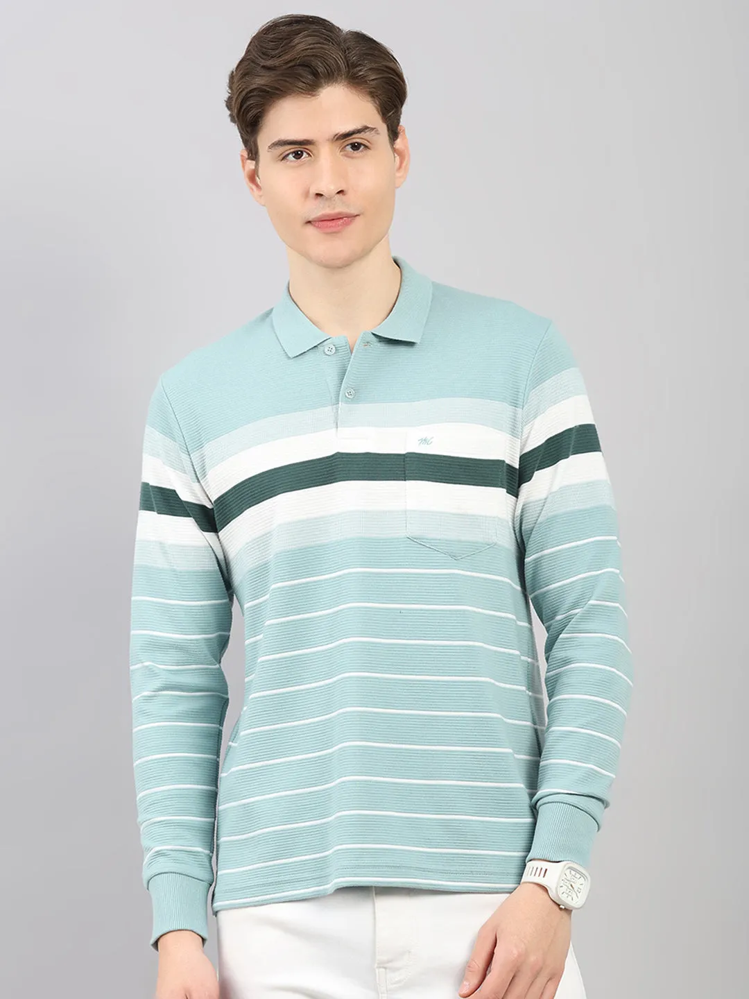 Men Green Stripe Polo Collar Full Sleeve Winter T-Shirt sold by Monte Carlo