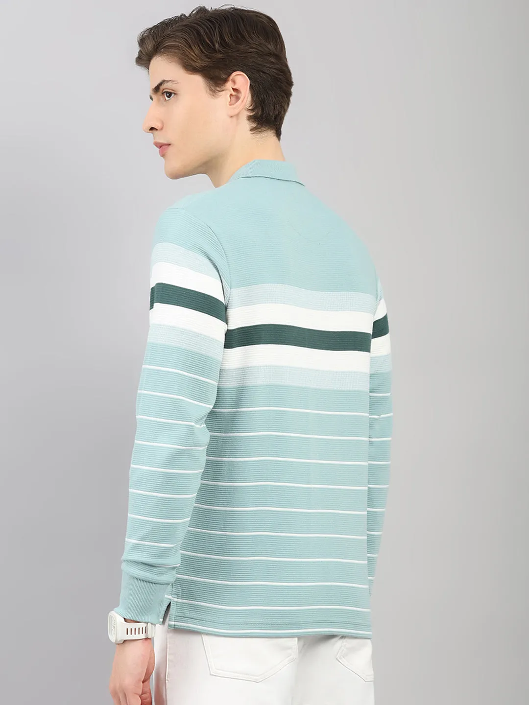 Men Green Stripe Polo Collar Full Sleeve Winter T-Shirt sold by Monte Carlo product image thumbnail 5