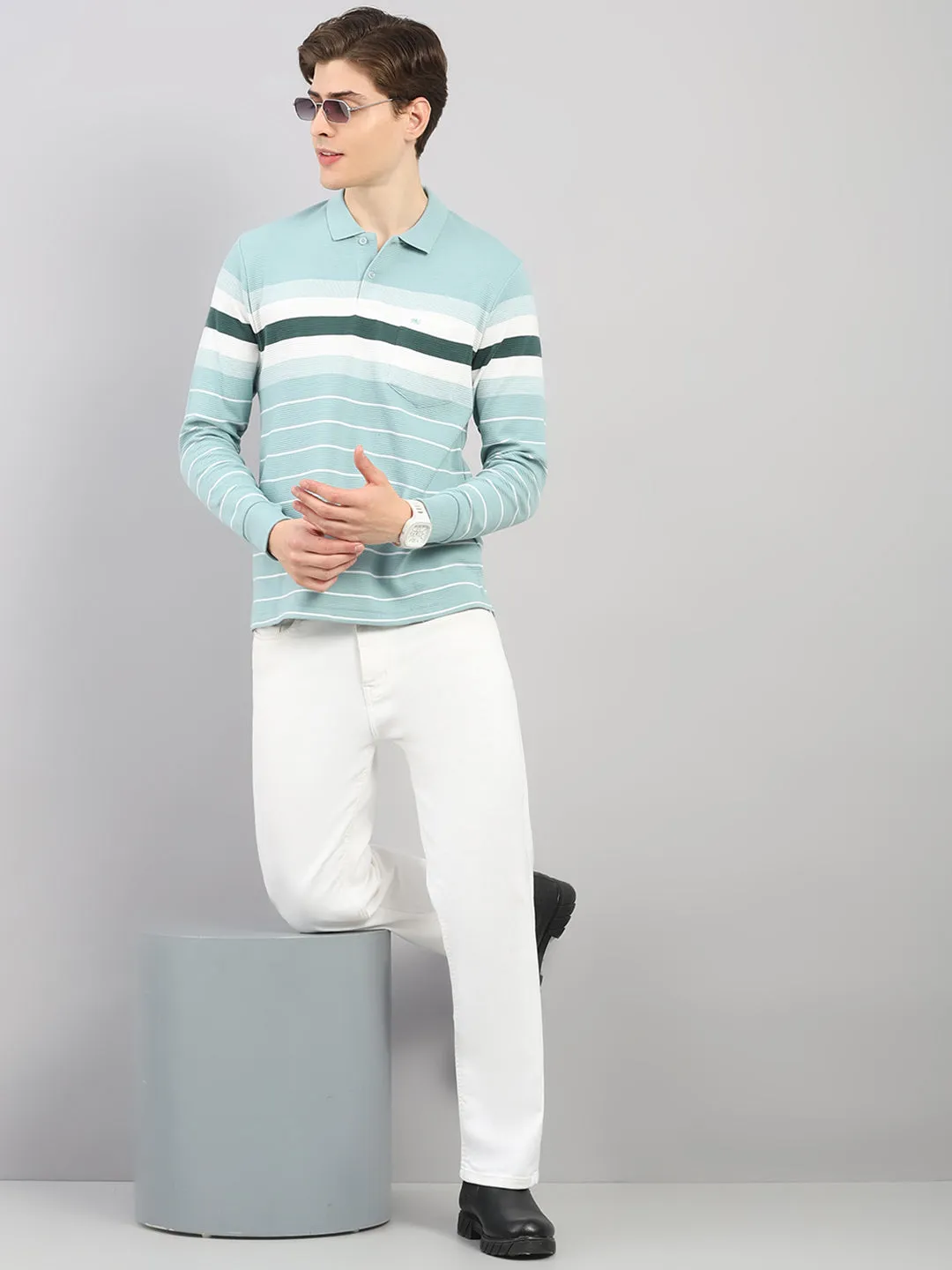 Men Green Stripe Polo Collar Full Sleeve Winter T-Shirt sold by Monte Carlo product image thumbnail 2