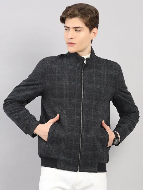 Men Charcoal Check Stand Collar Full Sleeve Jacket sold by Monte Carlo