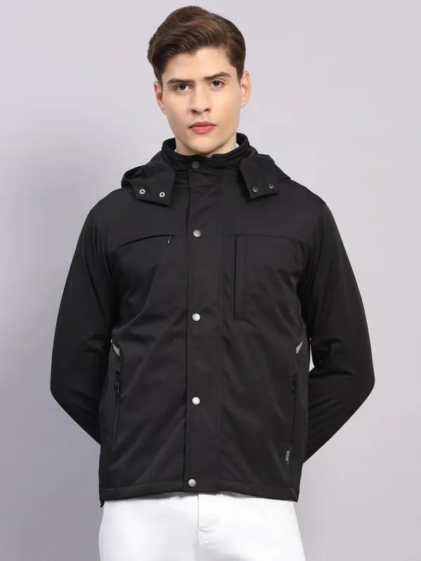 Men Black Solid Hooded Traveller Jacket With Night Visibility Reflective Strip made by Monte Carlo