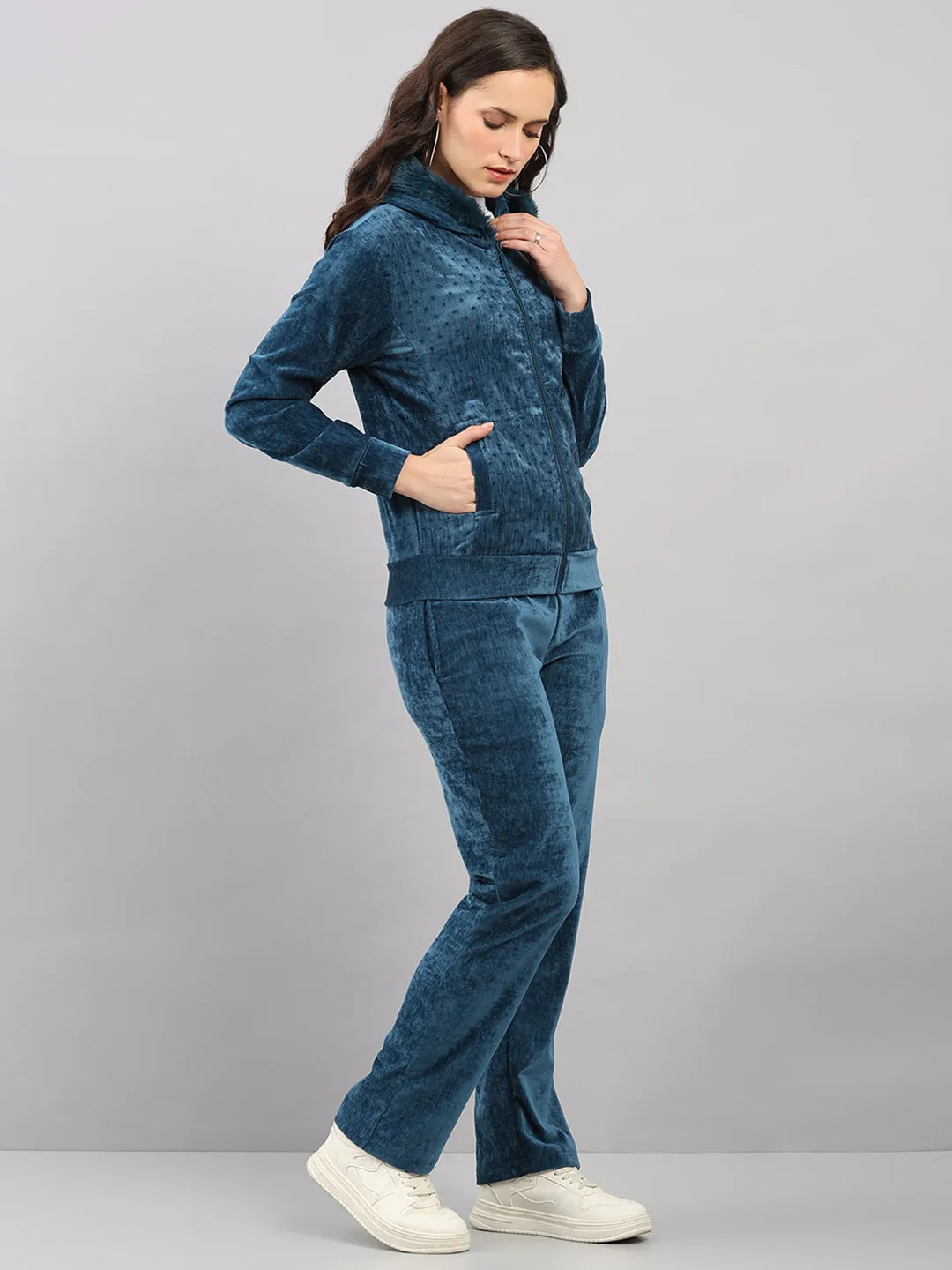 Women Teal Blue Polka Dots Hooded Full Sleeve Winter Tracksuit sold by Monte Carlo product image thumbnail 4