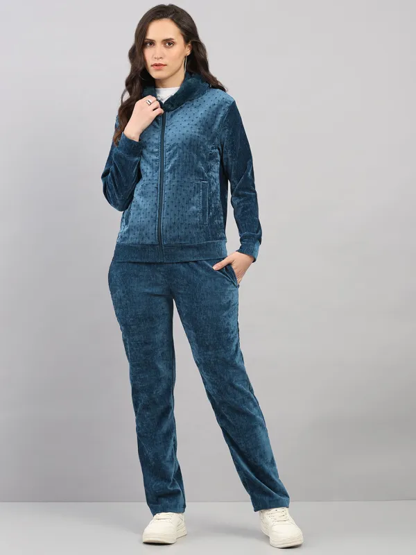 Women Teal Blue Polka Dots Hooded Full Sleeve Winter Tracksuit sold by Monte Carlo