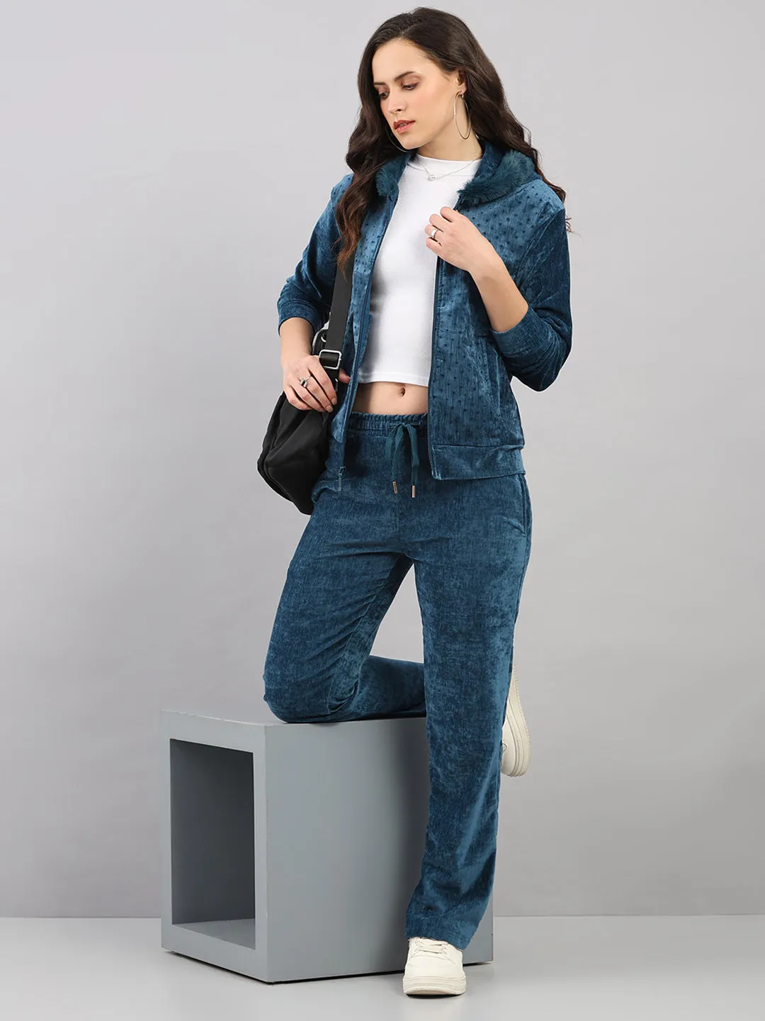 Women Teal Blue Polka Dots Hooded Full Sleeve Winter Tracksuit sold by Monte Carlo product image thumbnail 2