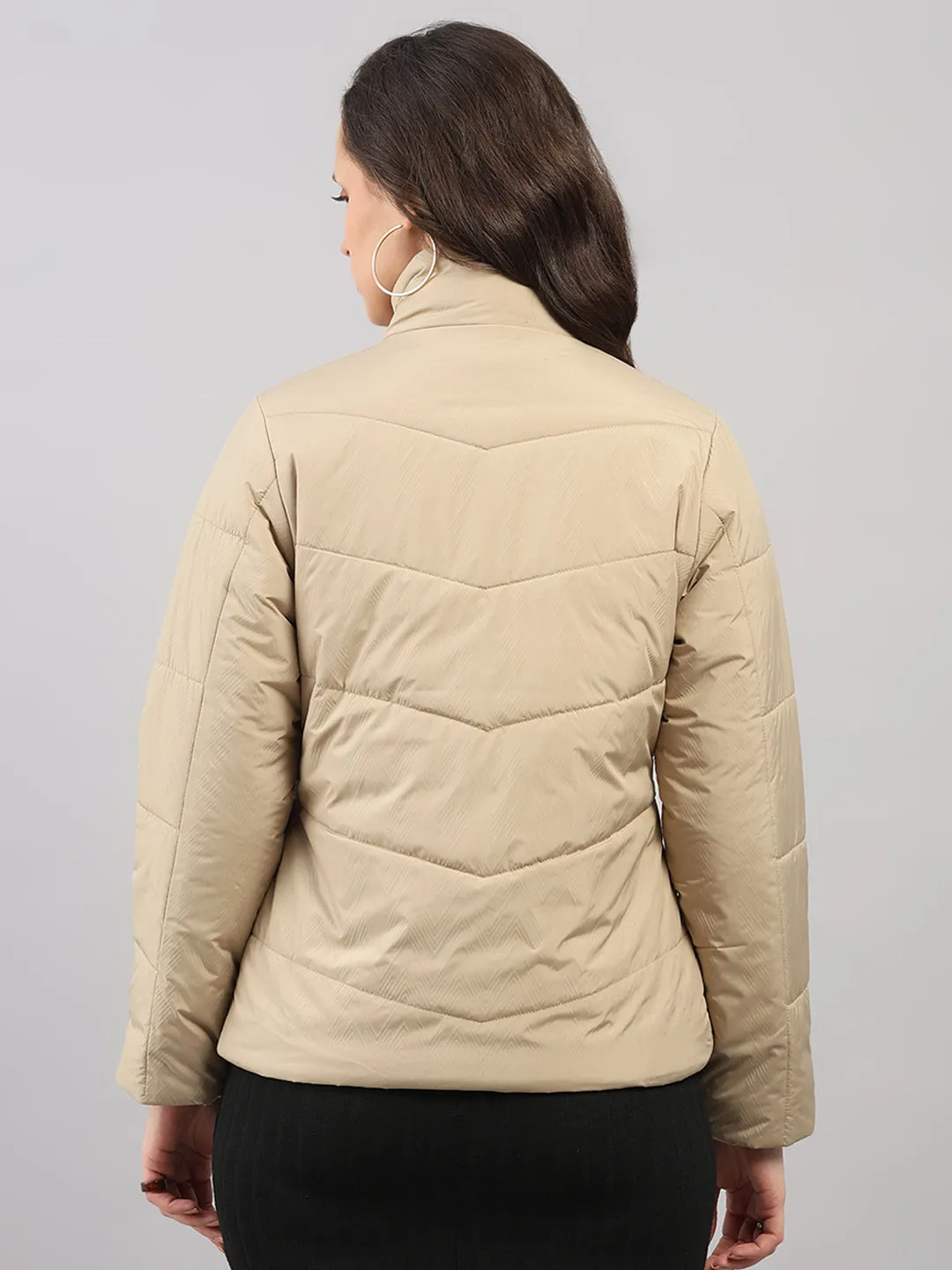 Women Beige Self Design Stand Collar Full Sleeve Jacket sold by Monte Carlo product image thumbnail 5