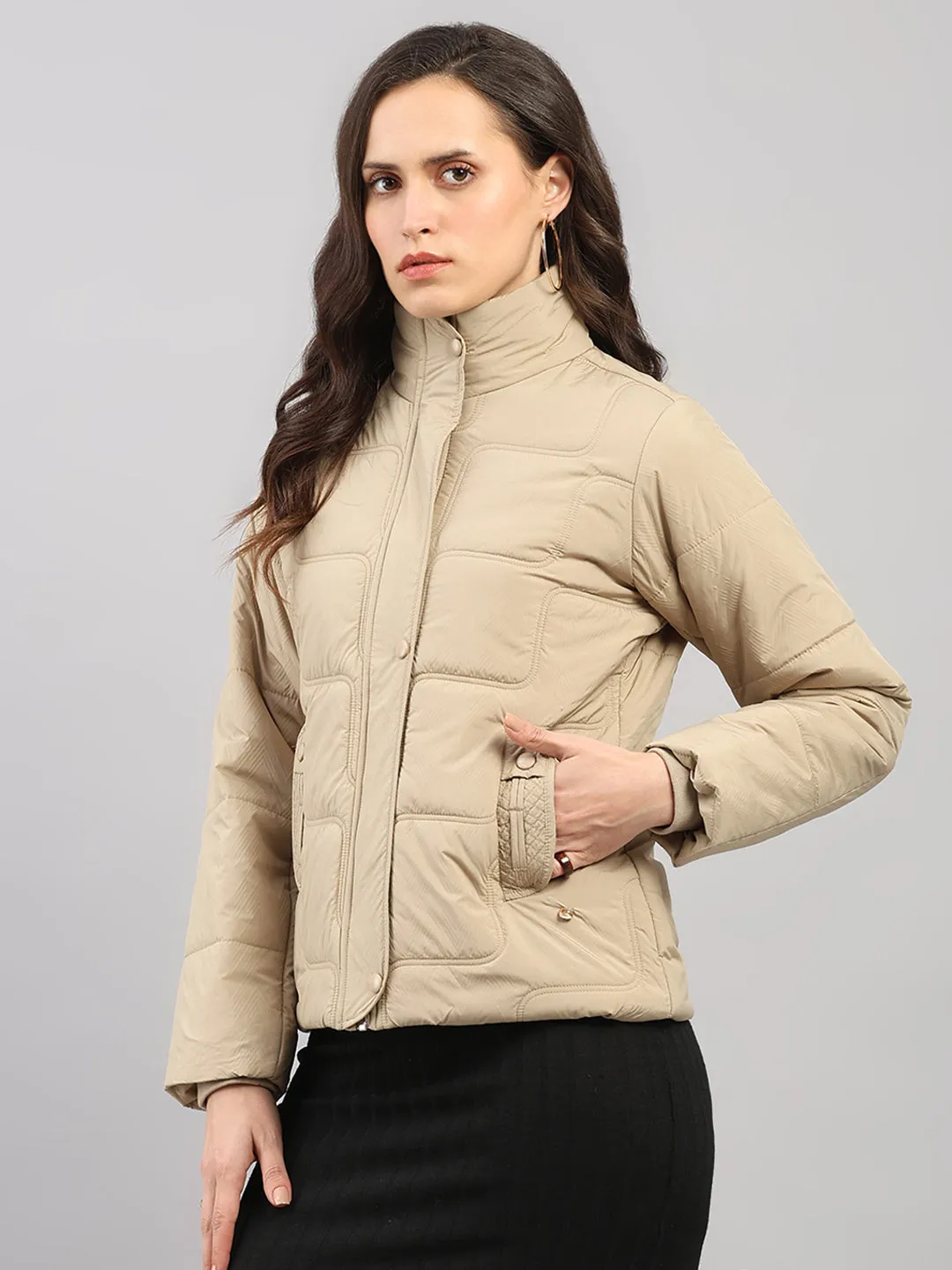 Women Beige Self Design Stand Collar Full Sleeve Jacket sold by Monte Carlo product image thumbnail 3