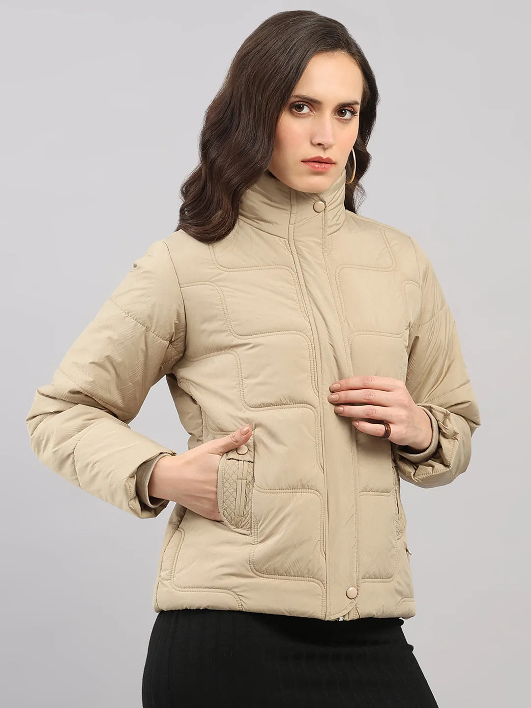 Women Beige Self Design Stand Collar Full Sleeve Jacket sold by Monte Carlo product image thumbnail 4