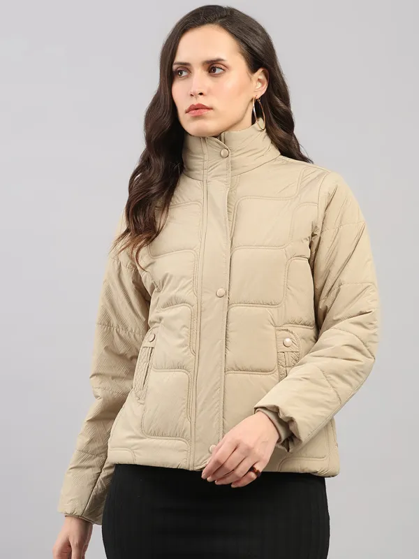 Women Beige Self Design Stand Collar Full Sleeve Jacket sold by Monte Carlo