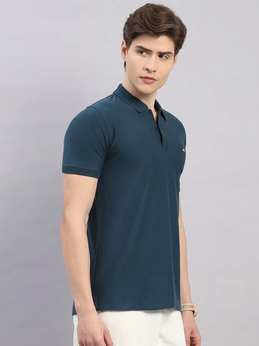 Men Teal Blue Geometric Stand Collar Half Sleeve T-Shirt sold by Monte Carlo product image thumbnail 4