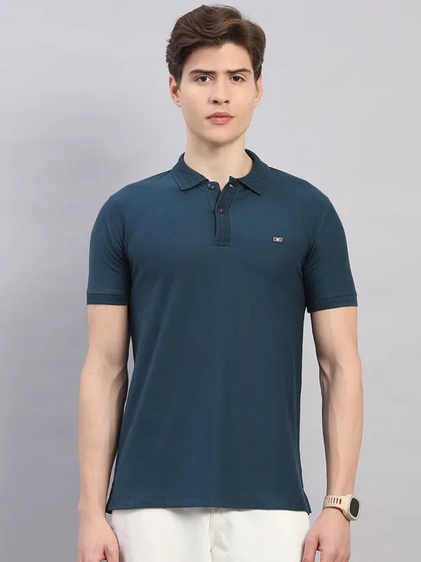 Men Teal Blue Geometric Stand Collar Half Sleeve T-Shirt made by Monte Carlo