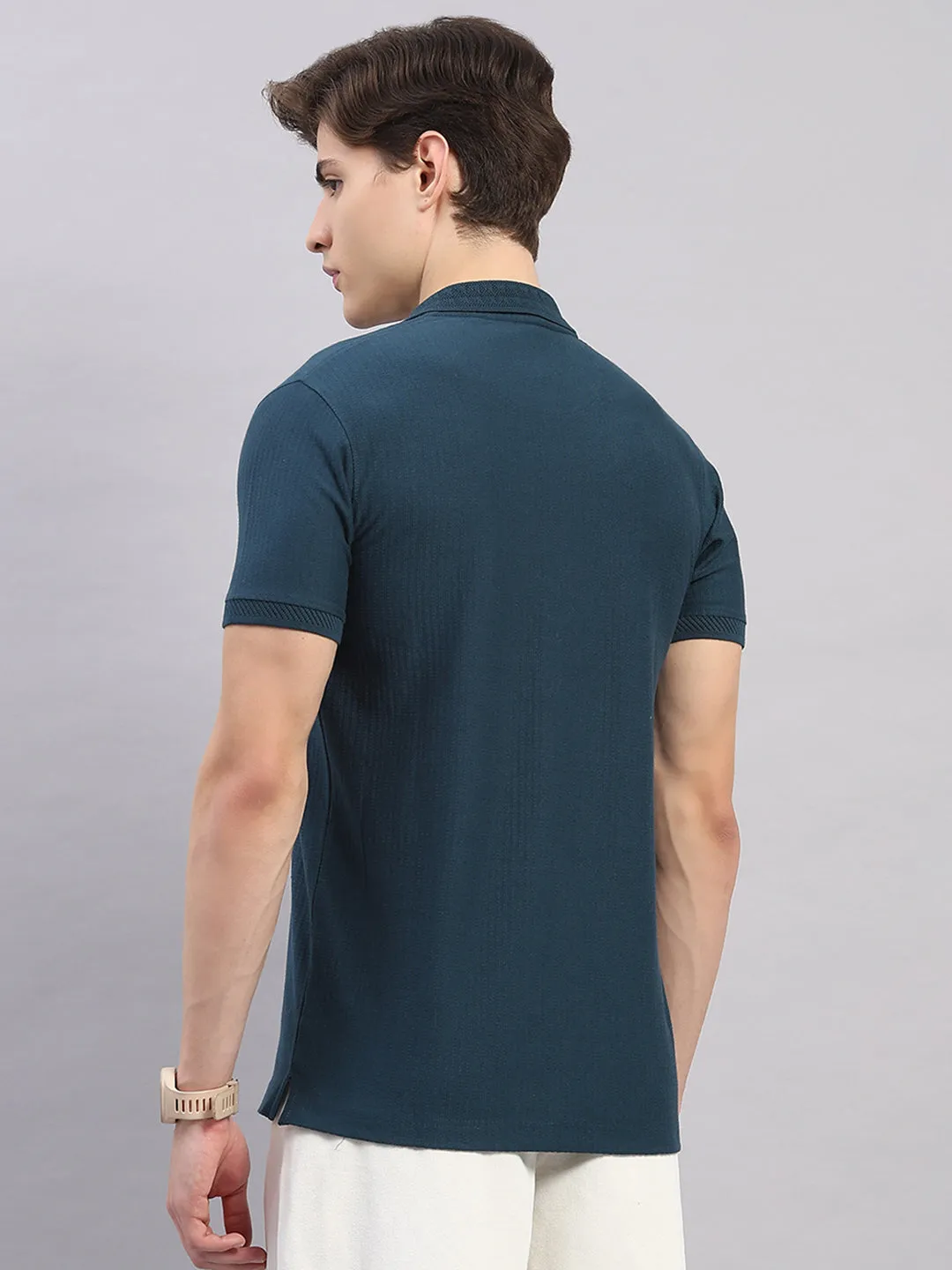 Men Teal Blue Geometric Stand Collar Half Sleeve T-Shirt sold by Monte Carlo product image thumbnail 5