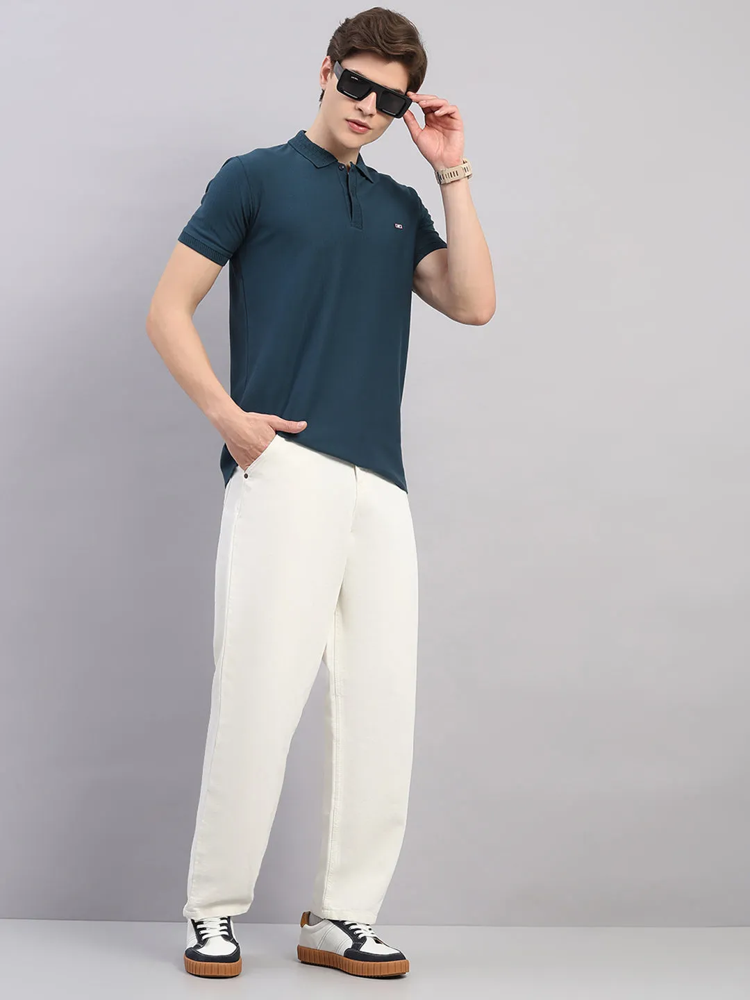 Men Teal Blue Geometric Stand Collar Half Sleeve T-Shirt sold by Monte Carlo product image thumbnail 2