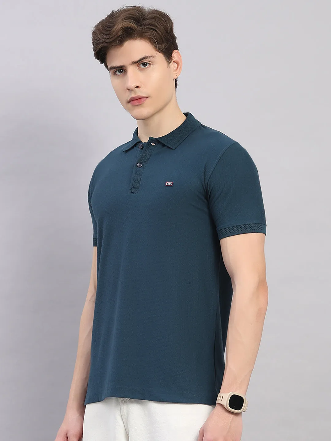 Men Teal Blue Geometric Stand Collar Half Sleeve T-Shirt sold by Monte Carlo product image thumbnail 3