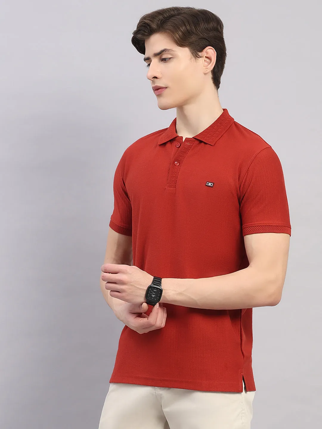 Men Rust Geometric Stand Collar Half Sleeve T-Shirt sold by Monte Carlo product image thumbnail 3