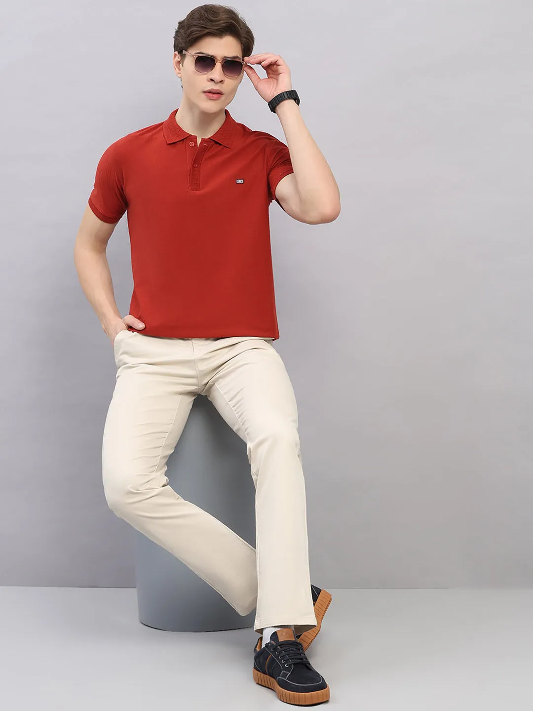 Men Rust Geometric Stand Collar Half Sleeve T-Shirt sold by Monte Carlo product image thumbnail 2