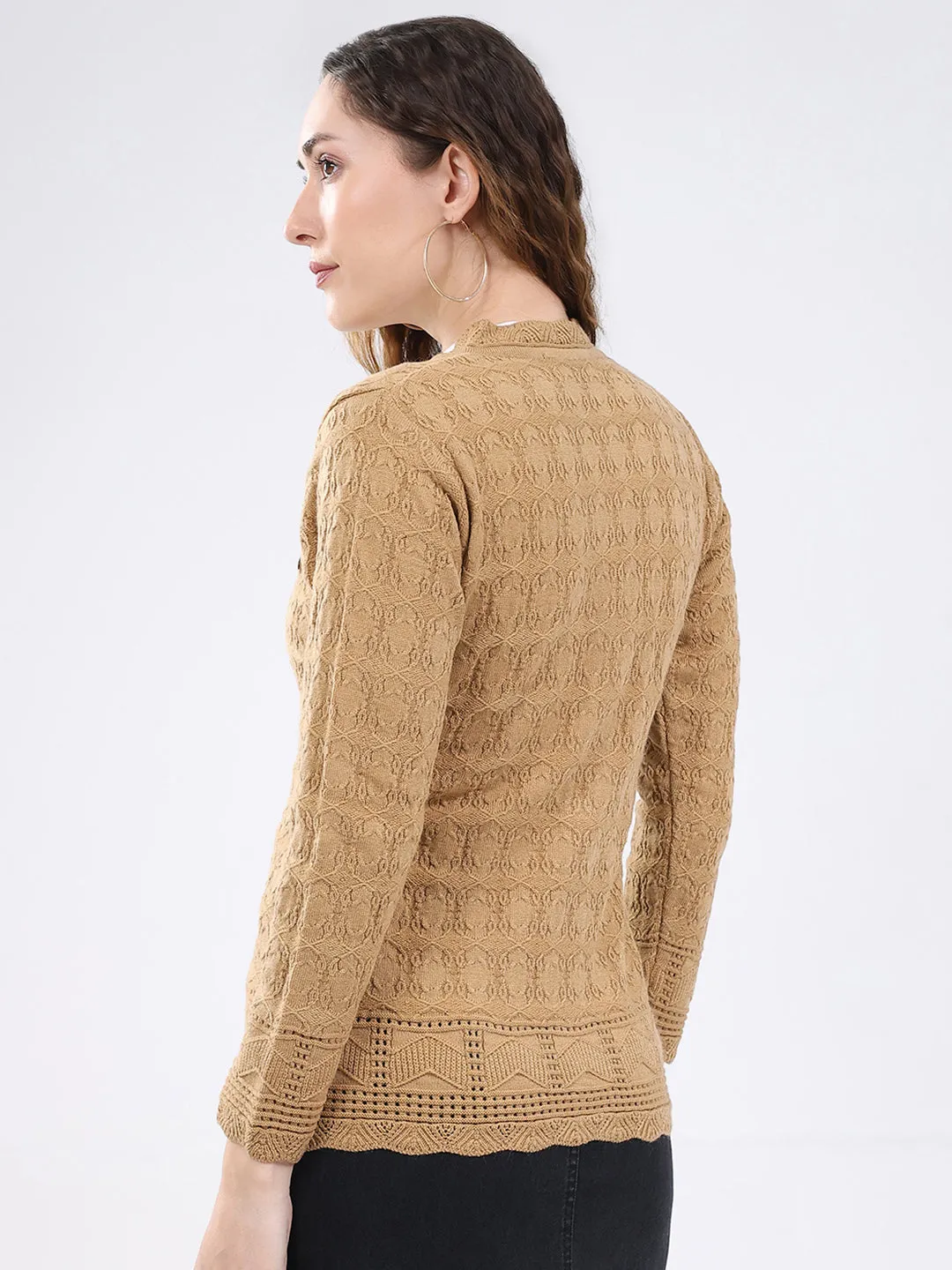 Women Camel Brown Self Design V Neck Full Sleeve Cardigan sold by Monte Carlo product image thumbnail 5