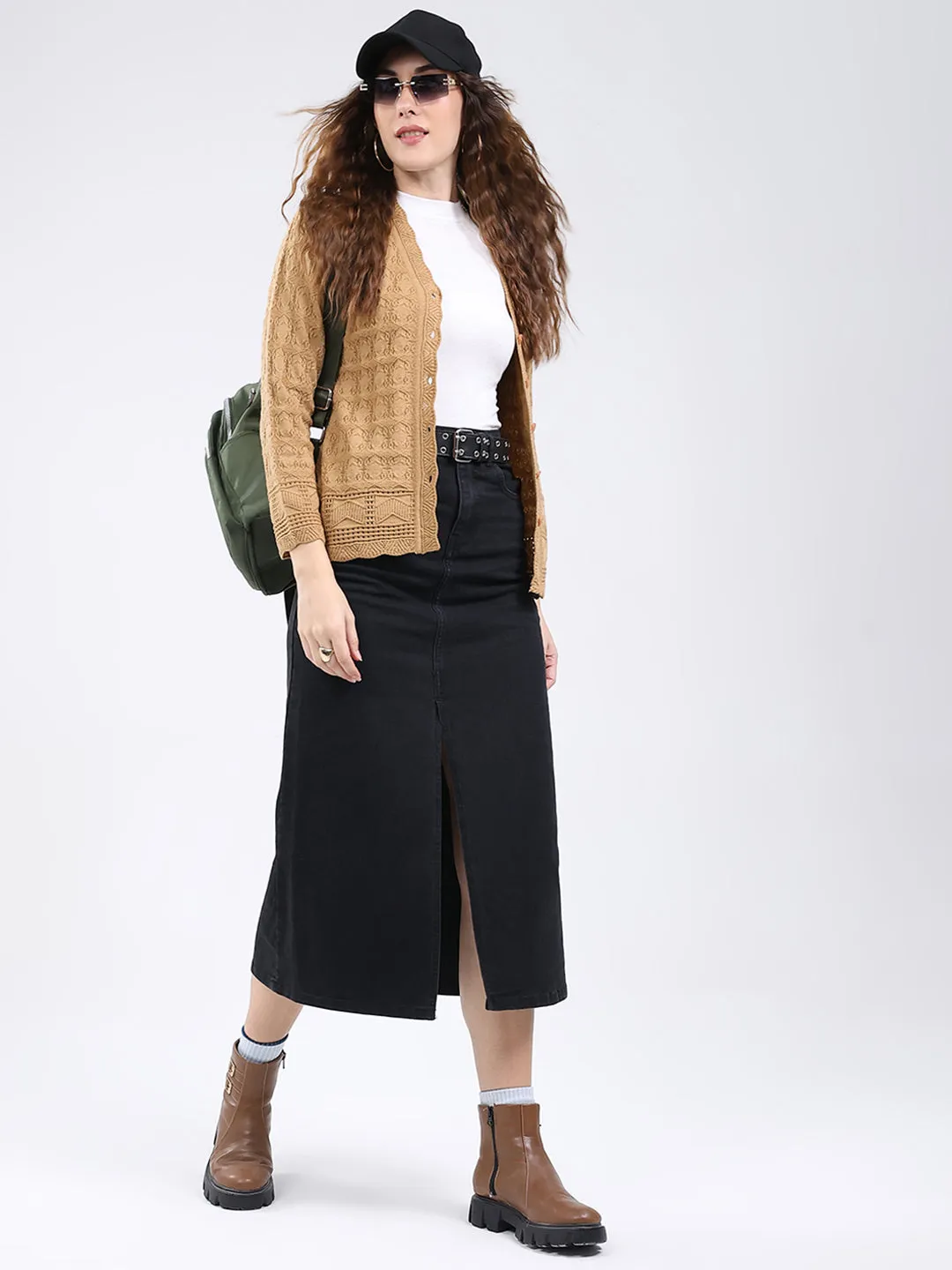 Women Camel Brown Self Design V Neck Full Sleeve Cardigan sold by Monte Carlo product image thumbnail 2