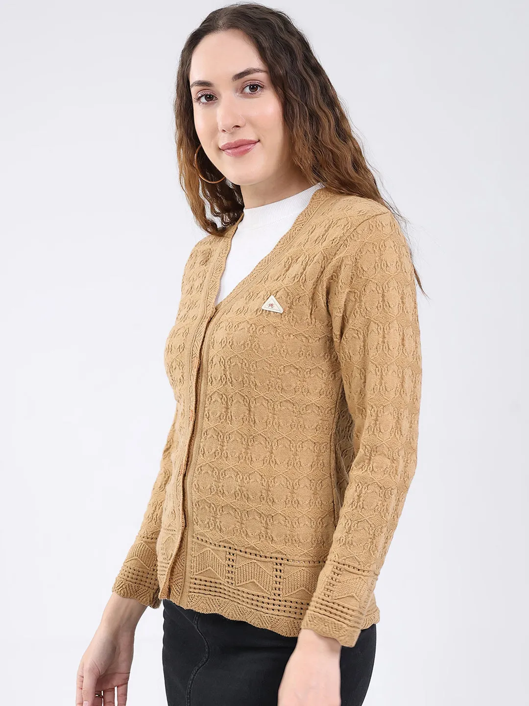 Women Camel Brown Self Design V Neck Full Sleeve Cardigan sold by Monte Carlo product image thumbnail 3