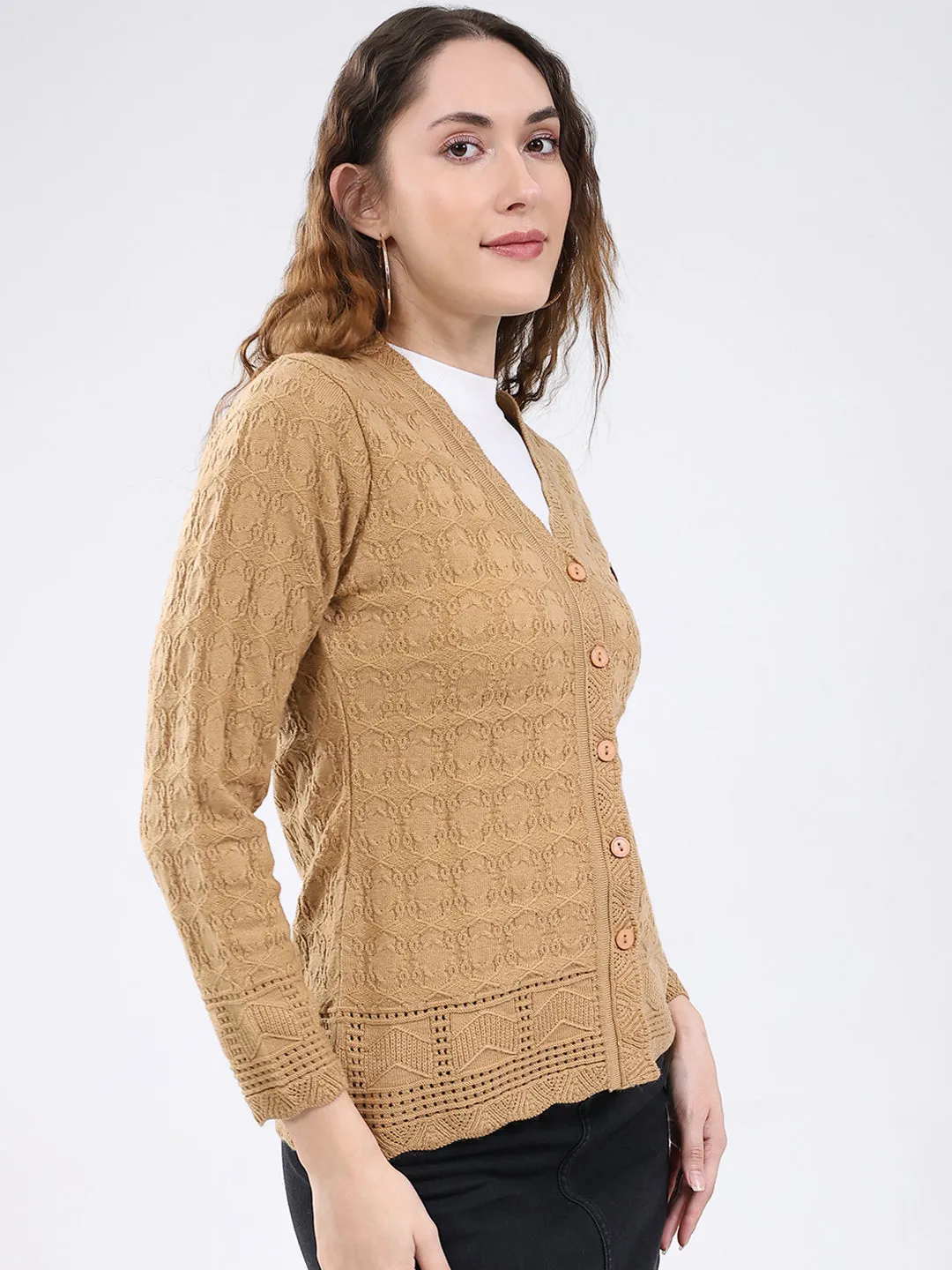 Women Camel Brown Self Design V Neck Full Sleeve Cardigan sold by Monte Carlo product image thumbnail 4