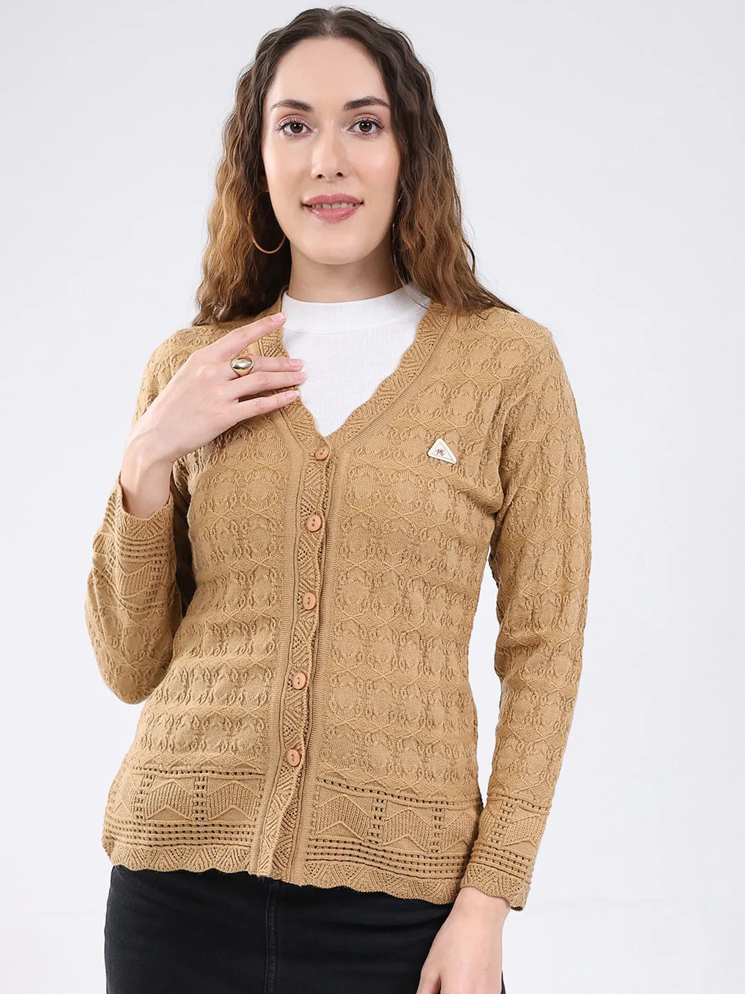 Women Camel Brown Self Design V Neck Full Sleeve Cardigan sold by Monte Carlo