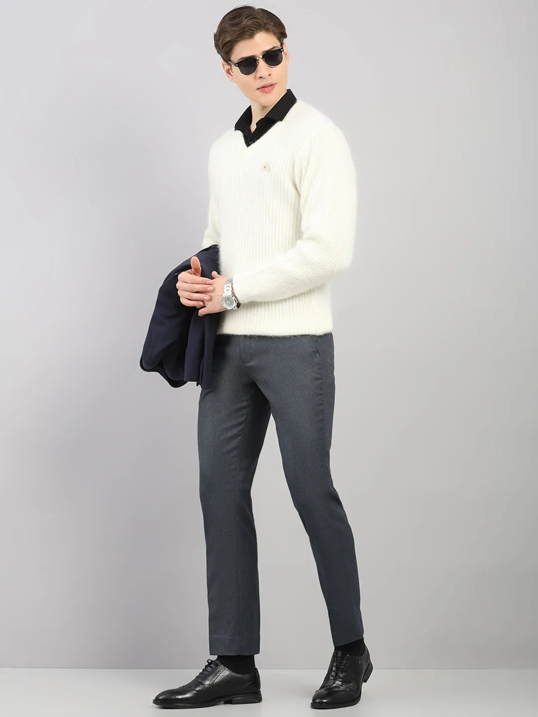 Men White Solid V Neck Full Sleeve Pullover sold by Monte Carlo product image thumbnail 2