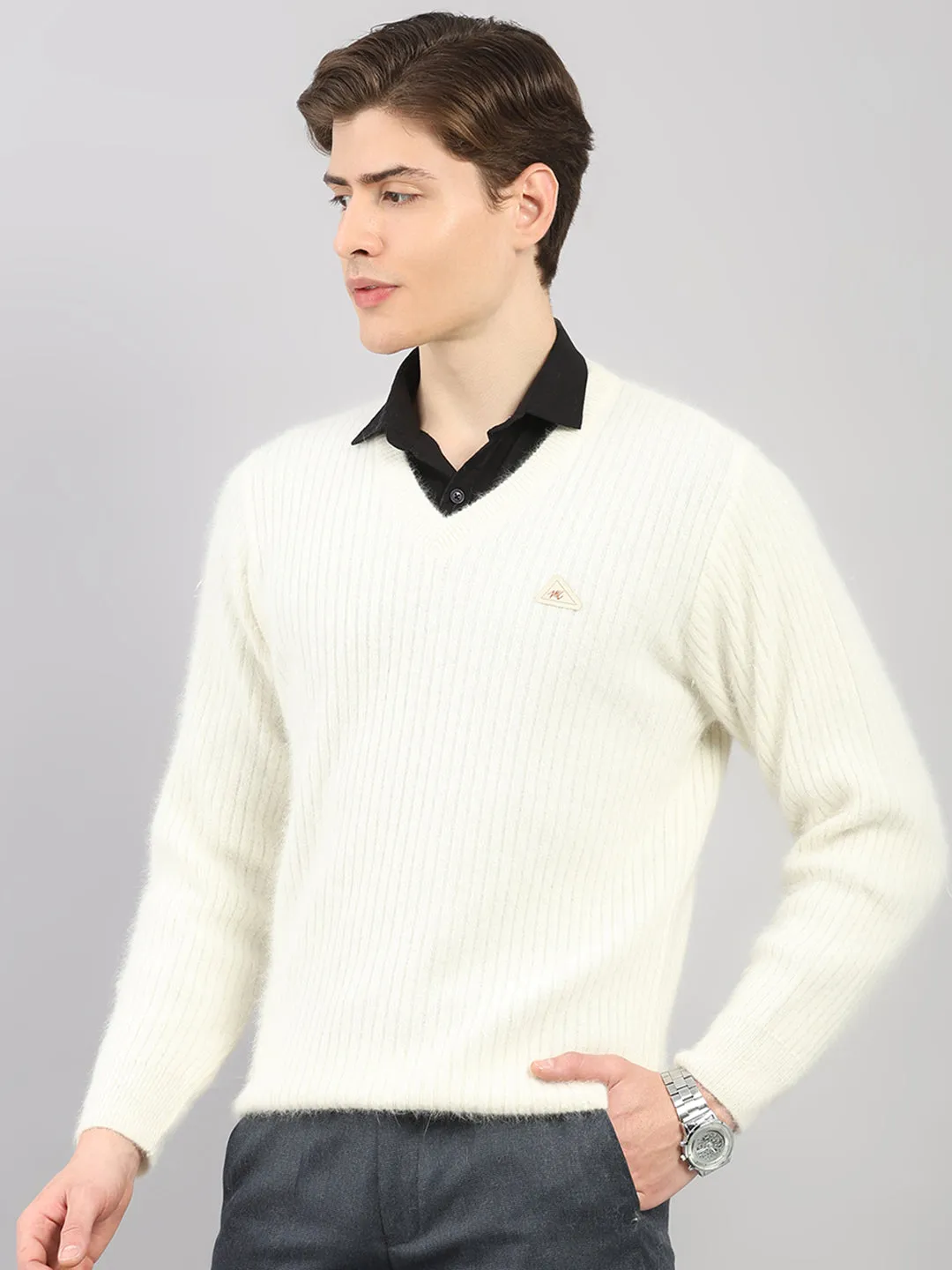 Men White Solid V Neck Full Sleeve Pullover sold by Monte Carlo product image thumbnail 3