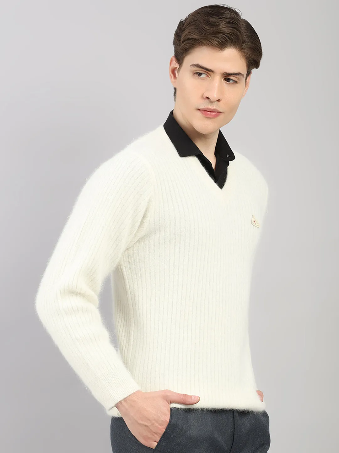 Men White Solid V Neck Full Sleeve Pullover sold by Monte Carlo product image thumbnail 4
