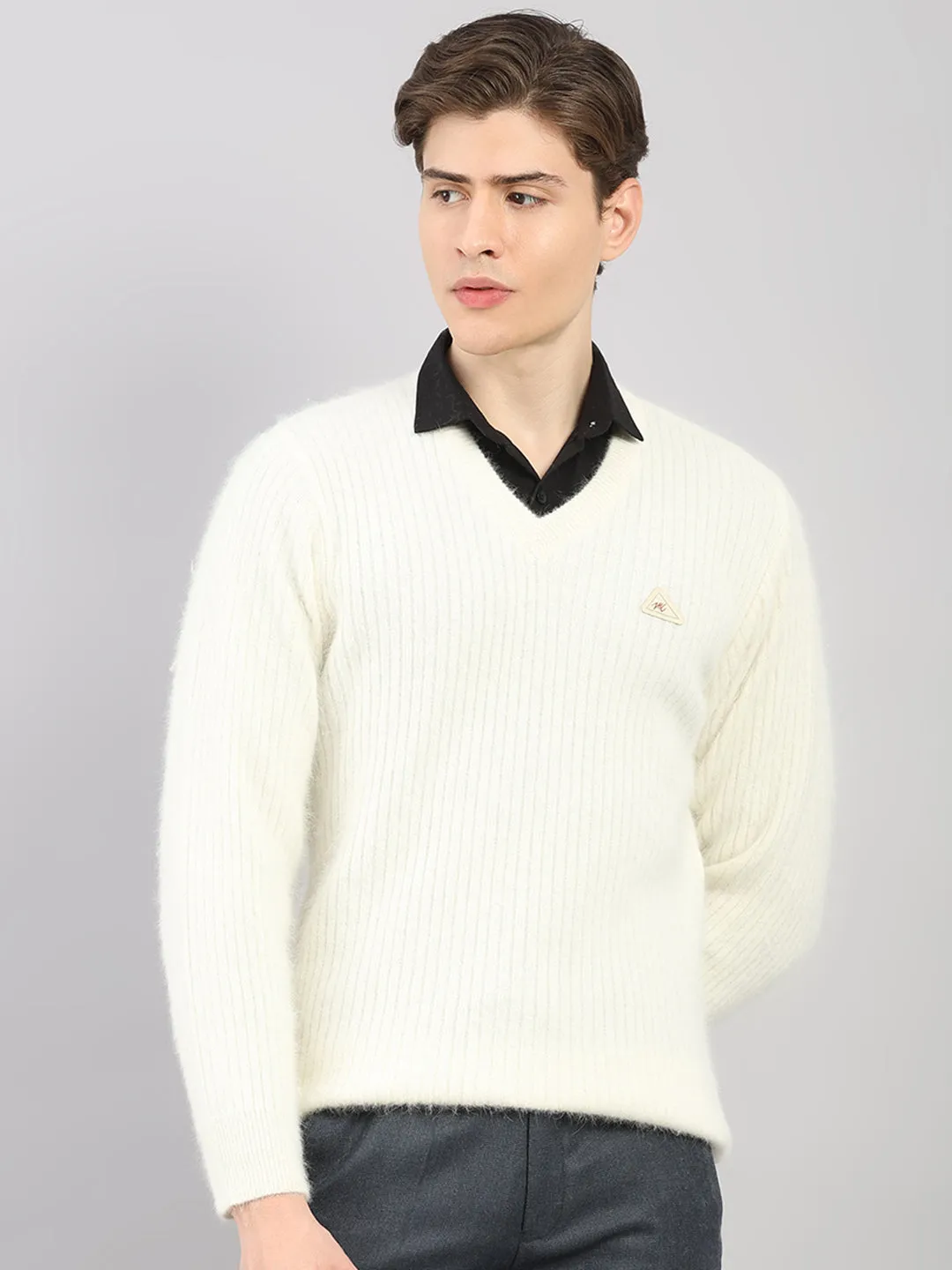 Men White Solid V Neck Full Sleeve Pullover sold by Monte Carlo