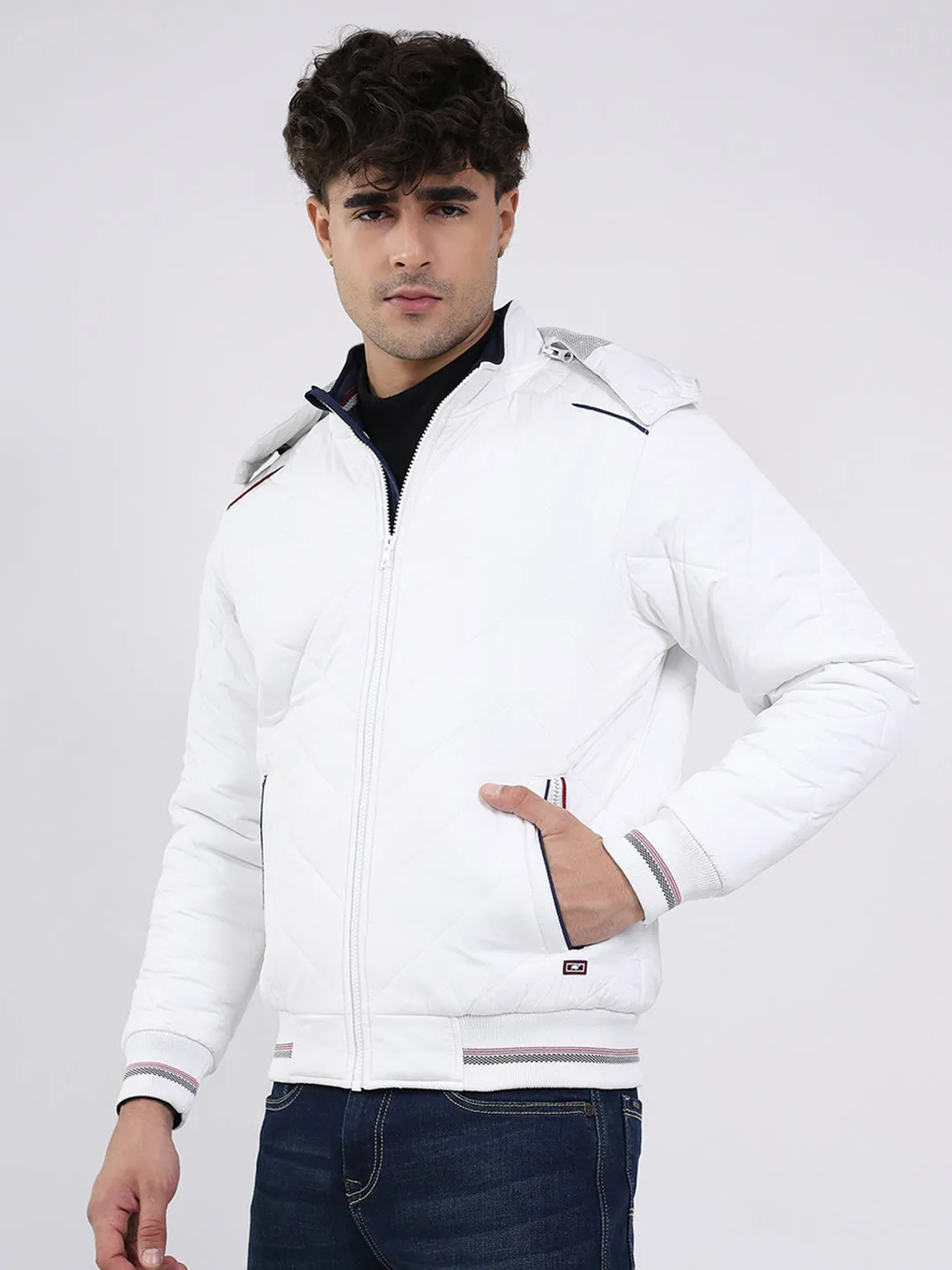 Men White Solid Hooded Full Sleeve Jacket sold by Monte Carlo product image thumbnail 3