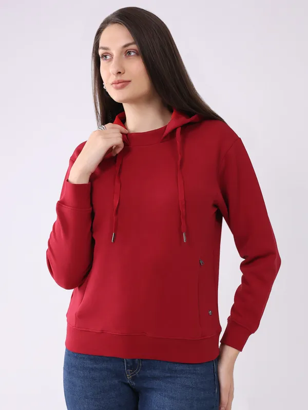 Women Red Solid Hooded Full Sleeve Sweatshirt sold by Monte Carlo