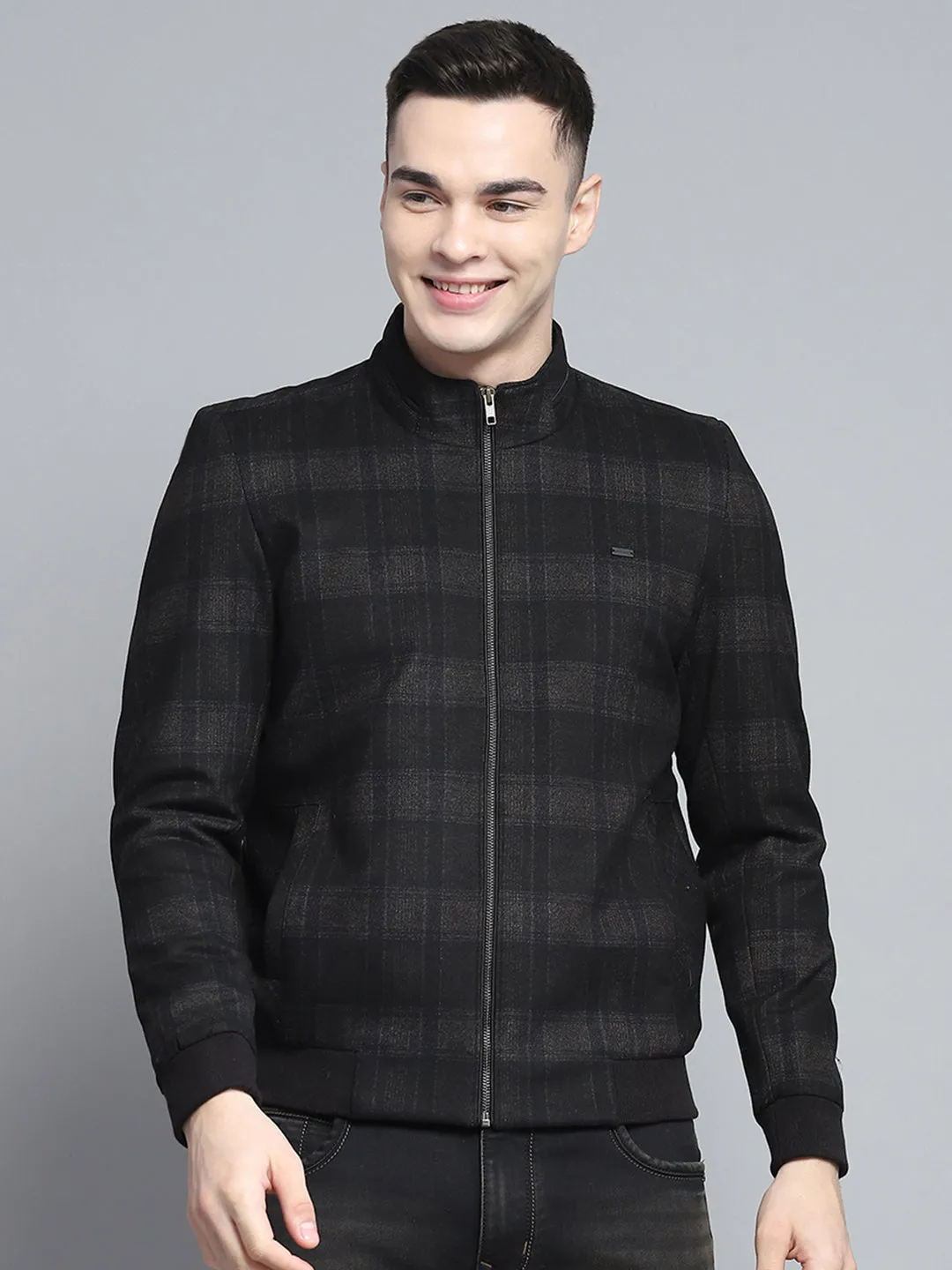Men Black Solid Mock Neck Full Sleeve Jacket sold by Monte Carlo