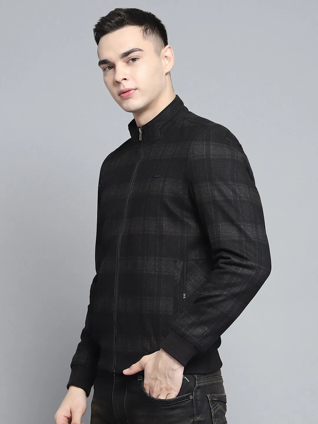 Men Black Solid Mock Neck Full Sleeve Jacket sold by Monte Carlo product image thumbnail 3