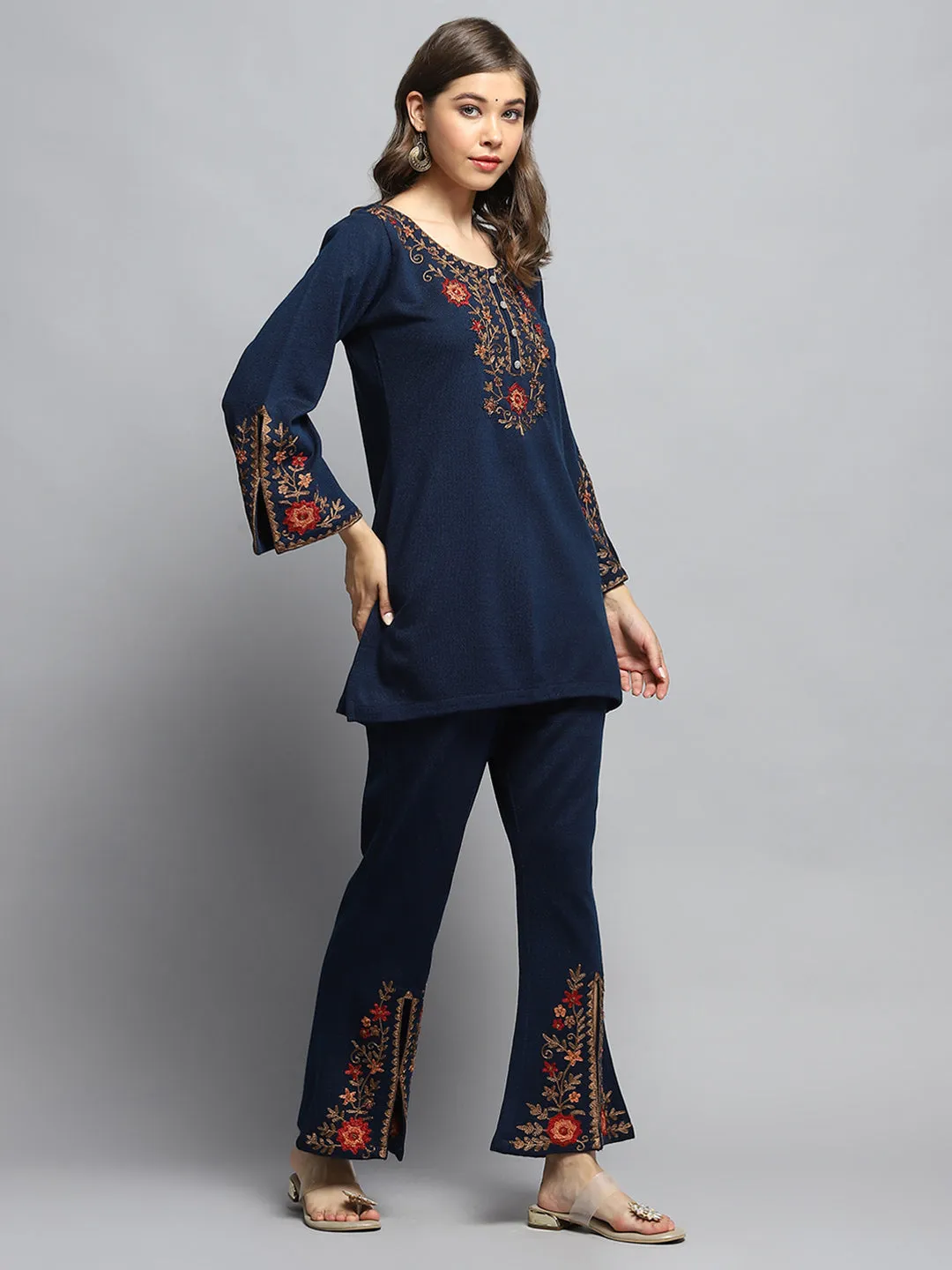 Women Blue Self Design Round Neck Full Sleeve Kurti Set sold by Monte Carlo product image thumbnail 4